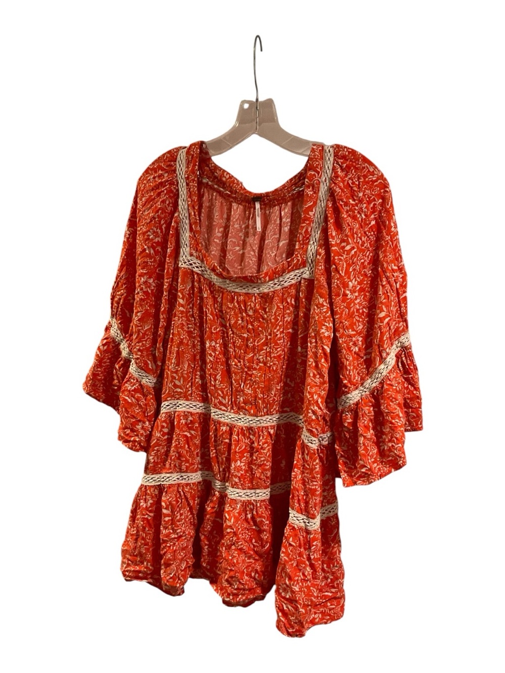 Free People Boho Orange Cream Floral Peasant Top with Lace Trim Size L